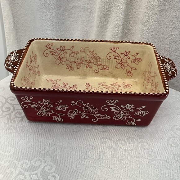 Temptations Floral Lace Bakeware Rectangular Dish Burgundy Red & Cream 1.5 QT Ce - Picture 1 of 7